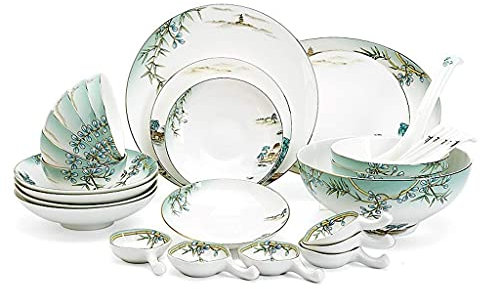 EPOTRDCV Ceramics Dinnerware Set With 32 Pieces,Bowl/Dish/Spoon|Bone China Dinner Sets,West Lake Feast Pattern Porcelain Combination Set