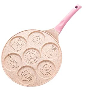 HAODUOO Cooking Pan Seven-Hole Breakfast Frying Pan Animal Face Design Multi-Function Wheel Pancake Pan Small Egg Dumpling Frying Mould Pan(Pink)