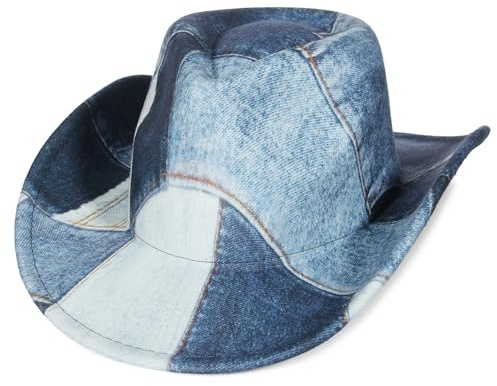GEMVIE Sombrero Vaquero de Denim Teñido con Estampado Patchwork para Mujer y Hombre Sombrero de Fiesta Western de ala Ancha
