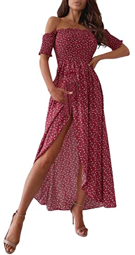 Genérico Vestido Elegante Mujer - Vestido A Media Pierna Informal De Verano con Estampado Floral Sin Mangas con Hombros Descubiertos Y Abertura Alta para Vestido Mujer De