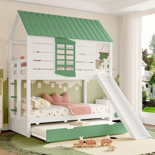 OOIILLEE Lit superposé Enfant 90 x 200 cm avec lit gigogne, Toboggan et échelle latérale, lit cabane avec fenêtre, Forme de Toit, sommier à Lattes en Bois, Blanc et Vert