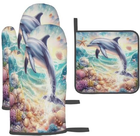 Mexpekil Ensemble de gants de cuisine et maniques - Motif aquarelle dauphin et étoile de mer - Résistants à la chaleur - Imperméables - Pour la cuisine, la pâtisserie, les grillades, les barbecues