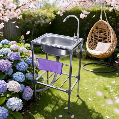 Edelstahlspüle mit Einzelnen Kaltwasserhahn, Freistehende Küchenspüle mit Ablaufgarnitur und Handtuchhalter, Geeignet für Restaurant, Garage, Camping, Garten, Balkon