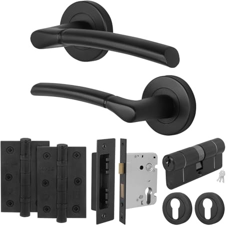 EAI Black Door Handle Euro Lock, Double Cylinder Set, 1 Pair Internal on Rose Matt Black Handle, Lock, Hinges - Bova Range