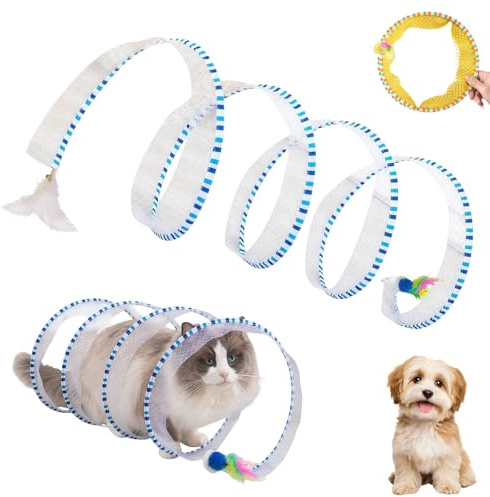 Jagdkatzen-Spiraltunnel-Spielzeug, Spiraltunnel für Katzen mit Federspielzeug, Faltbar Katzentunnel mit Nylon-Netz Maus und Glocke, Sorgen Sie Dafür, Dass Ihre Katze Aktiv Ist und Spaß Hat(Blau)