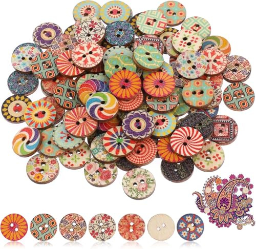 100 Stück Bunte Holzknöpf, 15 mm Retro Knöpfe Gemischte Rund Puppenknöpfe Retro Holzknöpfe Bunt Vintage Holzknöpfe Rund Holz Nähen Kinderknöpfe Vintage Knöpfe für Nähen DIY Basteln Handwerk Deko