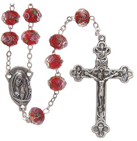 Holyart Rosenkranz aus Metall mit roten Perlen und Rosen, 9 mm
