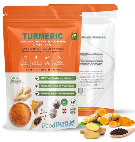 FoodPURA 60 x 4000mg Turmeric (Curcumin), Ginger, Garlic & Organic Black Pepper Capsules HACCP Certified, Manufactured in The UK by FoodPURA (60)