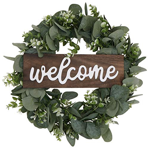 Amosfun Künstliche Eukalyptus Kranz Blätter Girlande 42cm Holz Willkommensschild Hochzeit Türkranz Willkommen Türschild Frühlingskranz für Wohnzimmer Wanddeko Fensterdeko Frühling Haustür Deko