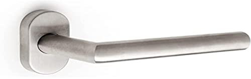 Emuca - Maniglie porta interna, set di 2 coppie di maniglie per porta da interno con rosetta ovale,forma L dritta, Acciaio inossidabile, Nichel satinato.