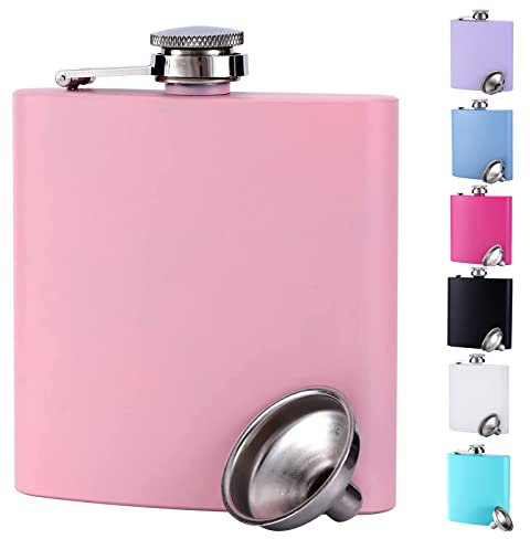 SLHOWOW Flachmann Frauen Flachmann Klein, Morandi Color Mini Flachmann Mit A Trichter, Tragbar Edelstahl Flachmann Zum Wandern, Klettern, Angeln, Camping, 180Ml(6Oz), Rosa