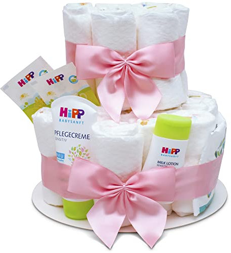 MilaBoo® 2-stöckige Windeltorte Mädchen mit Premiumprodukten I Besonderes Geschenk zur Geburt I Persönliches Babygeschenk zur Taufe und Babyparty (rosa)