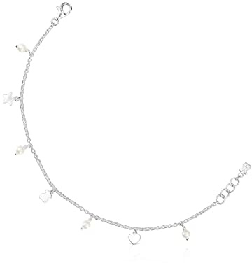 TOUS Pulsera de Plata de Primera Ley para Mujer con Motivos de Osos, Corazón y Estrella 4,5mm y cuatro perlas de 3mm, Largo 17,5 cm, Atemporal y Elegante, Colección Cool Joy