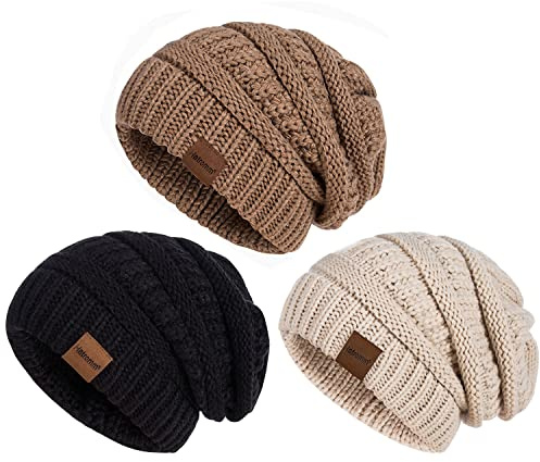 Hatromm Slouchy Mütze Damen Winter 3 Stück, Beanie Mütze Damen Herren Übergroß Warmer Strick Dick für Kaltes Wetter(Schwarz+Haferflocken+Helles Khaki)