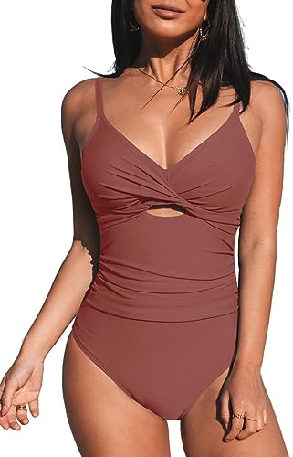 CUPSHE Women's One Piece Swimsuit Bathing Suits Twist Front Cutout Ruched Swimwear M Brick Red