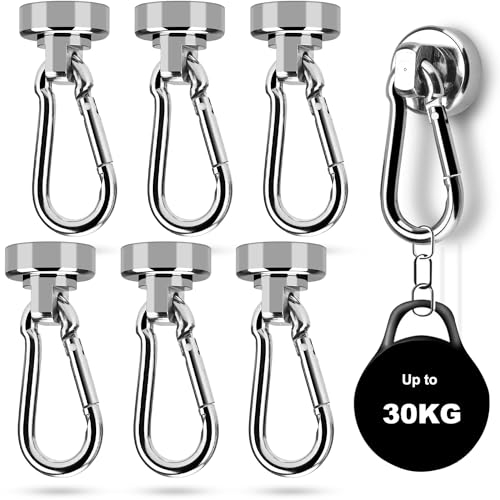 NTGRTY 6 Stück Magnethaken Extra Stark 20mm Durchmesser Neodym Magnet mit Karabiner 25KG Magnetische Haken Silber Magnet Haken Sehr Stark Magnethaken für Küche Badezimmer Schließfächer