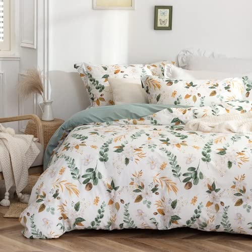 MILDLY Housse de Couette 140x200 Coton avec Motif Fleurs, 100% Coton Lavé, Certifié Oeko-TEX, Vert Sauge Motif Fleurs Parure de Lit 140x200 Coton avec 1 Taie d'oreiller 65x65 cm