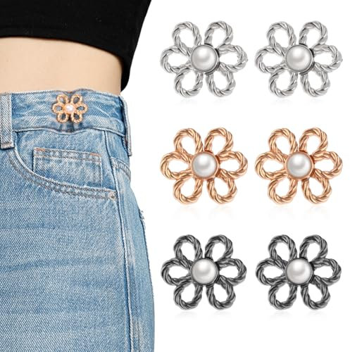 Xinjoduz 6 Sets Flower Pants Waist Tightener Clips, Detachable Jean Buttons for Loose Jeans, No Sew Adjustable Decorative Waist Button Pins Accessories for Women Clothing Jeans Pants Skirts (3 Color)