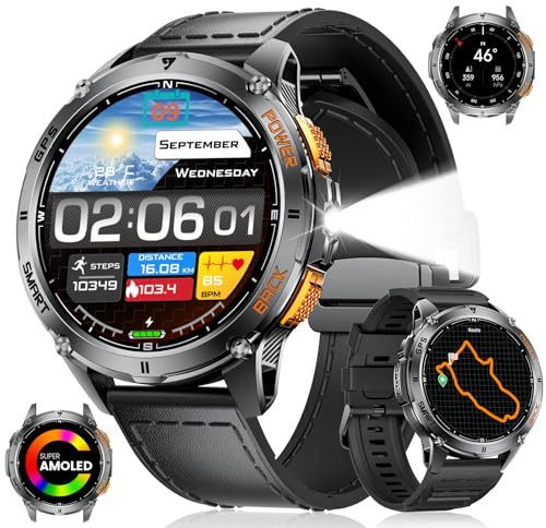 FOXBOX DM4 GPS Smartwatch Herren, 1.43 AMOLED Smart Watch mit LED Taschenlampe for Android iOS, 6 Satellitenortung, Kompass, IP68 Wasserdicht, 200+ Zifferblätter, 170+ Sportmodi, Schwarzes Lederband