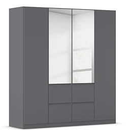 Rauch Möbel Bristol, Drehtürenschrank, Kleiderschrank, Schrank, Garderobe, 4-türig, 2 Spiegeltüren, 4 Schubladen, Farbe Grau metallic, Schwarz, Griffprofil Grau metallic, Push-to-Open, 181x197x54cm