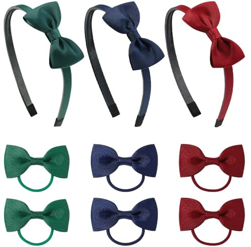 TRKETK 9 Pcs School Bow Headband Cute Fashion Hair Hoop Girls Uniform Multicoloured Ribbon Bow Set Birthday Gift Grosgrain Hair Accessories For Party Styling Girls Women (3 Colors)