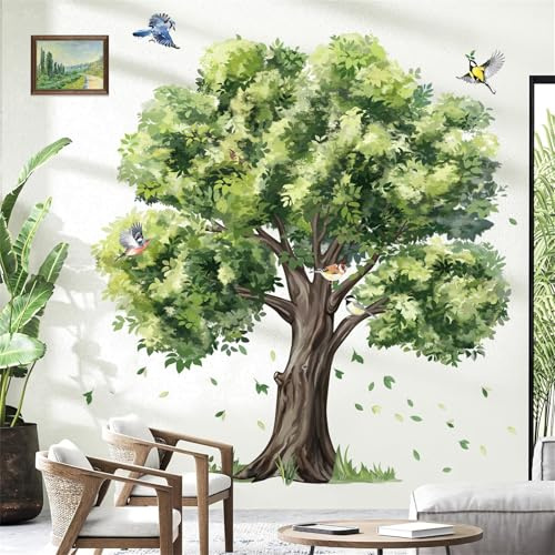 decalmile Large Green Tree Wall Decals Plant Leaves Bird Wall Stickers Bedroom Living Room Sofa TV Background Home Decor