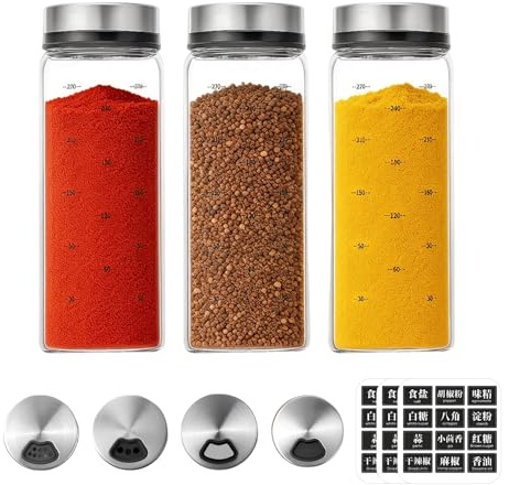 3 Tarros de Especias con Tapa Giratoria, 300 ml, Cristal de Borosilicato, Botes Especias con 3 Tipos de Agujeros, Frascos Especiarias para Especia, Salero, para Cocina, Barbacoa al Aire Libre