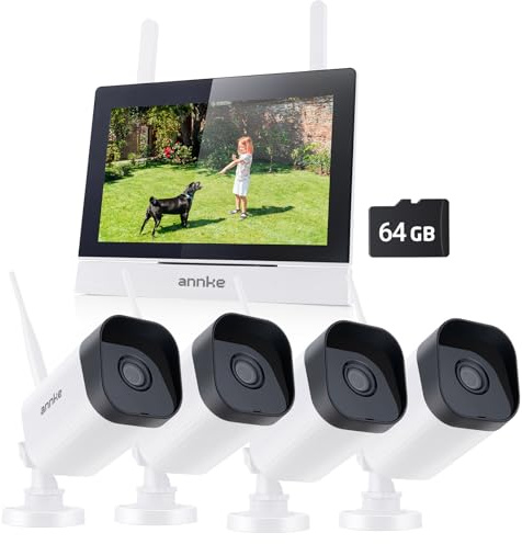 ANNKE 5MP Wireless Security Camera System, 7 Touchscreen Monitor 4CH NVR CCTV System with 64GB SD Card, 4X 5MP Outdoor IP Cameras, 100ft Night Vision, Two-Way Audio, Motion Detection, Remote Access