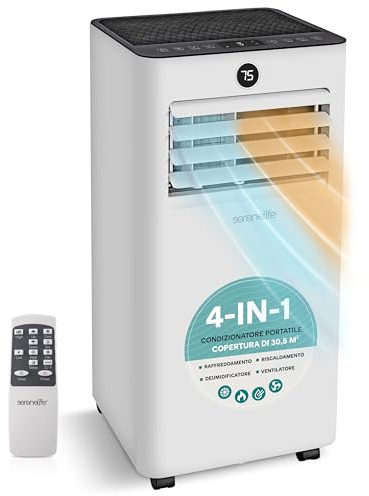 SereneLife portabel luftkonditionering 9000 BTU, 4-i-1 kylning, uppvärmning, avfuktning och ventilation, klimatanläggning med frånluftsslang och fönsterkit, fjärrkontroll och 24h-timer, upp till 31 m²