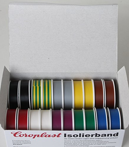 Coroplast Box VDE Isoband Elektriker Isolierband Klebeband 15mm x 10 m 20 Rollen Bunt