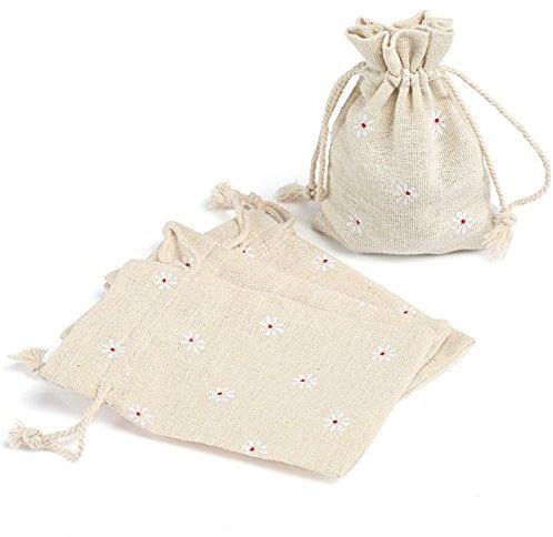 Naler Leinen-Jutesäcke mit Kordelzug, Geschenkbeutel, Geschenkbeutel, Schmuckbeutel, Vintage-Party, Aufbewahrung, Wrap, Gänseblümchen, 9,5 cm x 13 cm, 24 Stück