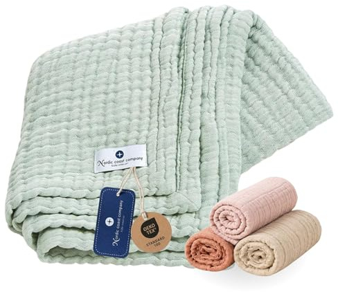 nordic coast company Musselin Decke Baby [80 x 80 cm] – Musselindecke | Krabbeldecke Neugeborene – 100% Baumwolle, 4-lagig, Spucktuch, Stilltuch – Baby Erstausstattung Neugeborene (Mint)