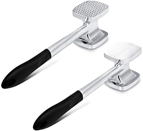 TIMESETL 28cm Martillo ablandador de carne de aluminio resistente de doble cara 140 Pincho y superficie plana Carne de pollo Pounder Mallet Kitchen Tool - Mango negro