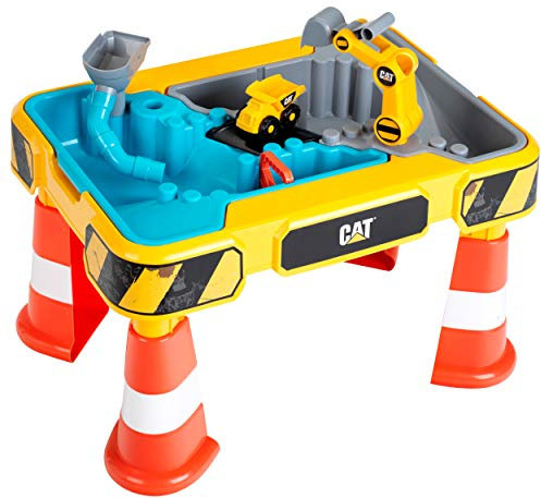 Theo Klein 3242 3237 CAT Sand- und Wasserspieltisch I Mit Baggerarm, Kipper, 2 Rohren, Stoppern und entnehmbaren Becken I Maße: 64 cm x 48 cm x 40 cm I Spielzeug für Kinder ab 18 Monaten
