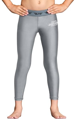 Elite Sports Kids BJJ Spats – Youth Boys No-Gi Compression Pants Base Layer for Brazilian Jiu Jitsu, MMA, Wrestling & Soccer Grey