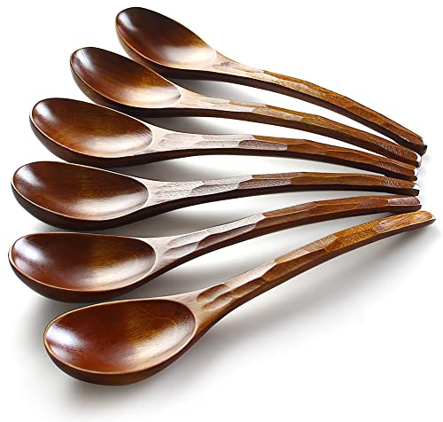 Soup Spoons,AOOSY Wooden Soup Spoons, 6 Pieces 7.84 inches Japanese Ramen Spoon Round Nanmu Wood Long Handle Rice Dessert Cooking Tasting Dinner Table Spoon for Kitchen Restaurant
