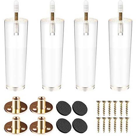 Btowin 4 inch Acrylic Furniture Legs, 4Pcs Tapered Clear Glass Furniture Feet with Threaded 5/16'' M8 Hanger Bolts & Mounting Plate & Screws for Cabinet Coffee Table End Table Bed