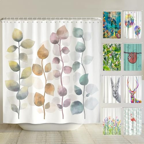 arteneur® Duschdraperi, mögelbeständigt, 200 x 220 cm, återvunnet med Oeko-Tex-standard 100, viktad fåll, ogenomskinligt, vattentätt, tvättbart, 12 ringar och e-bok, färgglada blad