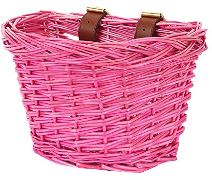 Kinderfahrrad-Lenkerkorb, Fahrradkorb-Aufhängekorb, geeignet für Jungen und Mädchen, Kinderfahrradzubehör, umweltfreundlicher handgefertigter Rattan-Korb,Rosa