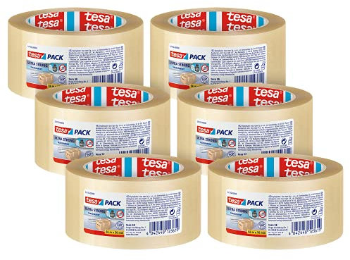 tesapack Ultra Strong im 6er Pack - PVC-Klebebänder für festes Verpacken und sicheres Bündeln - Transparent - 6 Rollen je 66 m