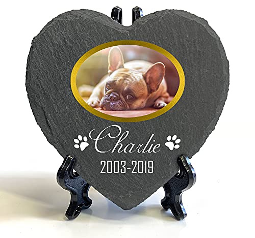 TULLUN Individueller Personalisiert Herzform Tiergrabstein Schiefer Gedenkstein + Ständer für Hund, Katze und andere Haustiere Tiere - Größe | 10 x 10 cm | - Goldrahmen Foto
