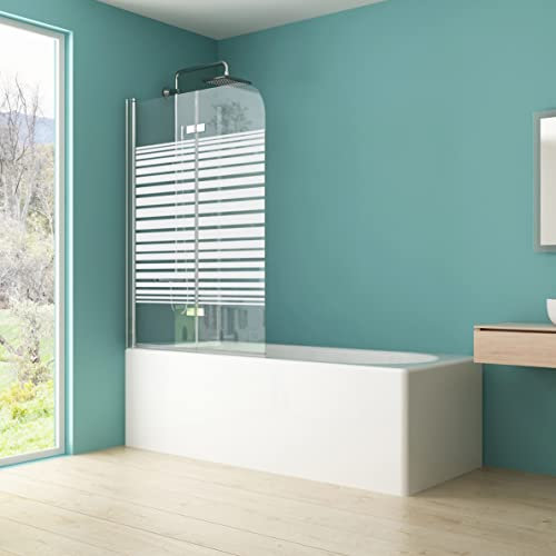 IMPTS Duschabtrennung mit Milchglas Streifen 100x140cm, Duschwand Faltwand für Badewanne 2 TLG, Badewannenaufsatz mit 6mm teilsatiniert Nano ESG Glas 180°Schwingen