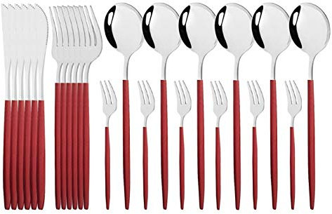 24 teile/satz Gold Spiegel Besteck Set 18/10 Edelstahl Geschirr Geschirr Besteck Besteck Set Abendessen Messer Kuchen Gabel Löffel Set essgeschirr (Color : Red Silver)