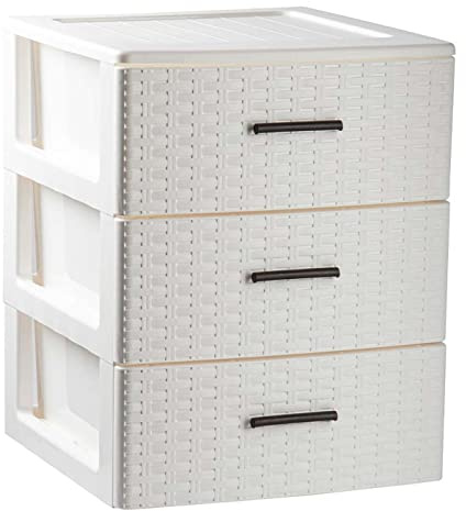 AC - Cajonera de Ordenación Modelo Rattan - 3 Niveles - Torre de almacenaje Multiusos, Organizador Auxiliar, Almacenamiento, baño - 46,5 x 36,5 x 36,5 cm - Color Blanco