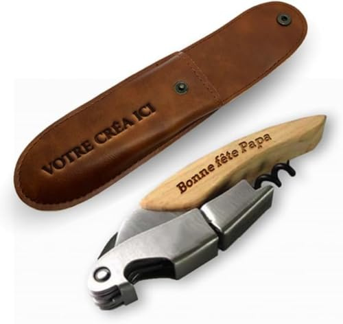 Sacacorchos personalizado Mabouteille® – Sacacorchos hoja de madera con grabado láser para mensaje, prenom, lema … [cuchillo tira de tapón] (estilo grabado + funda de cuero)