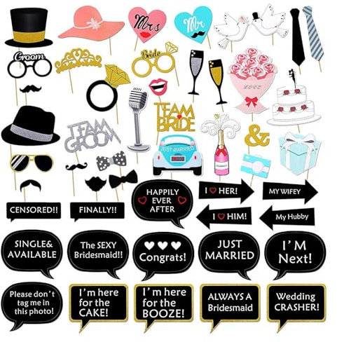 Accesorios Atrezzo para Fotomatón de Boda, 52pcs Photocall Apoyos de Fiesta, DIY Atrezzo, Selfies Divertidos para Decoraciones Fiesta Cumpleaños, Navidad