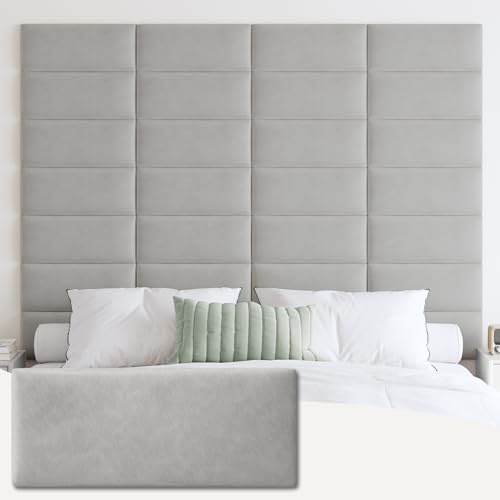 IFNOW Wall Mounted Upholstered Headboard Full, 3D Peel and Stick Soundproof Panels, Reusable and Removable Padded Leather Bed Headboard, 6 Panels 9.84 x 23.62, Light Grey