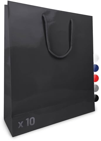 Verpackungswelt Geschenk-Tüten 10 Stück | Glänzende Papier-Tüten mit Henkel | Geschenk-Tüte 35x12x40 cm | Papier-Tüte ideal für Geburtstag, Weihnachten, Einzug & Mitbringsel | Schwarz