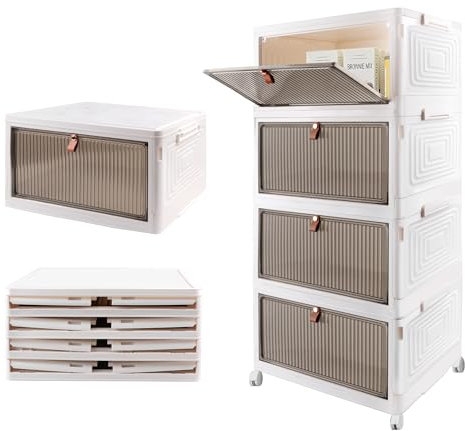 Lacusmall Boîte de rangement en plastique à 4 niveaux, pliable, empilable, porte transparente et roulettes, blanc