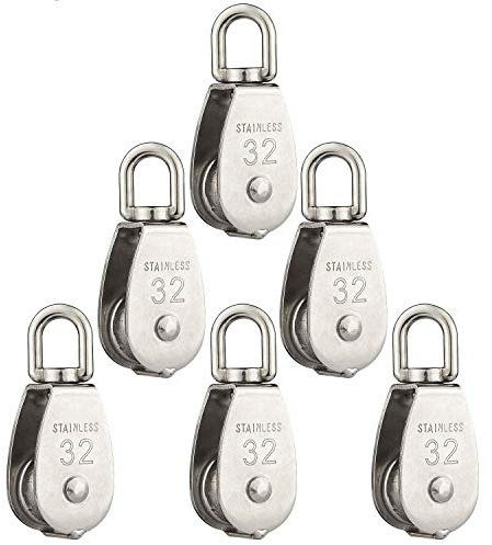 6 Pack M32 Lifting Single Pulley Roller Loading 551Ibs, 304 Stainless Steel Heavy Duty Single Wheel Swivel Lifting Rope Pulley Block 32mm Pulley Roller